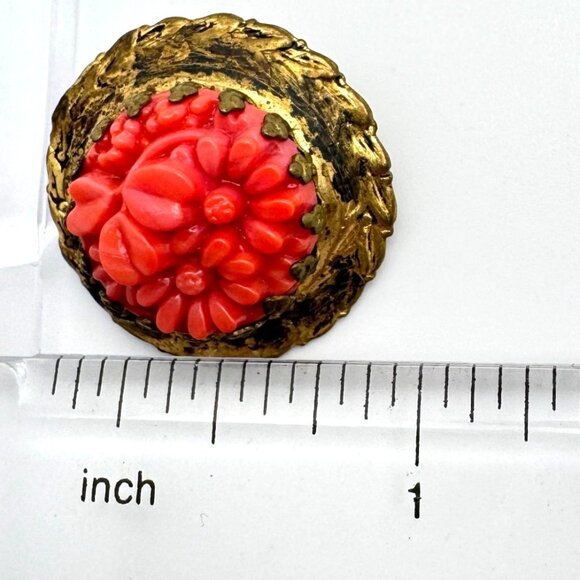 Coral Celluloid Brass Brooch Pin Floral Design Estate Antique Victorian Carved - Picture 2 of 7